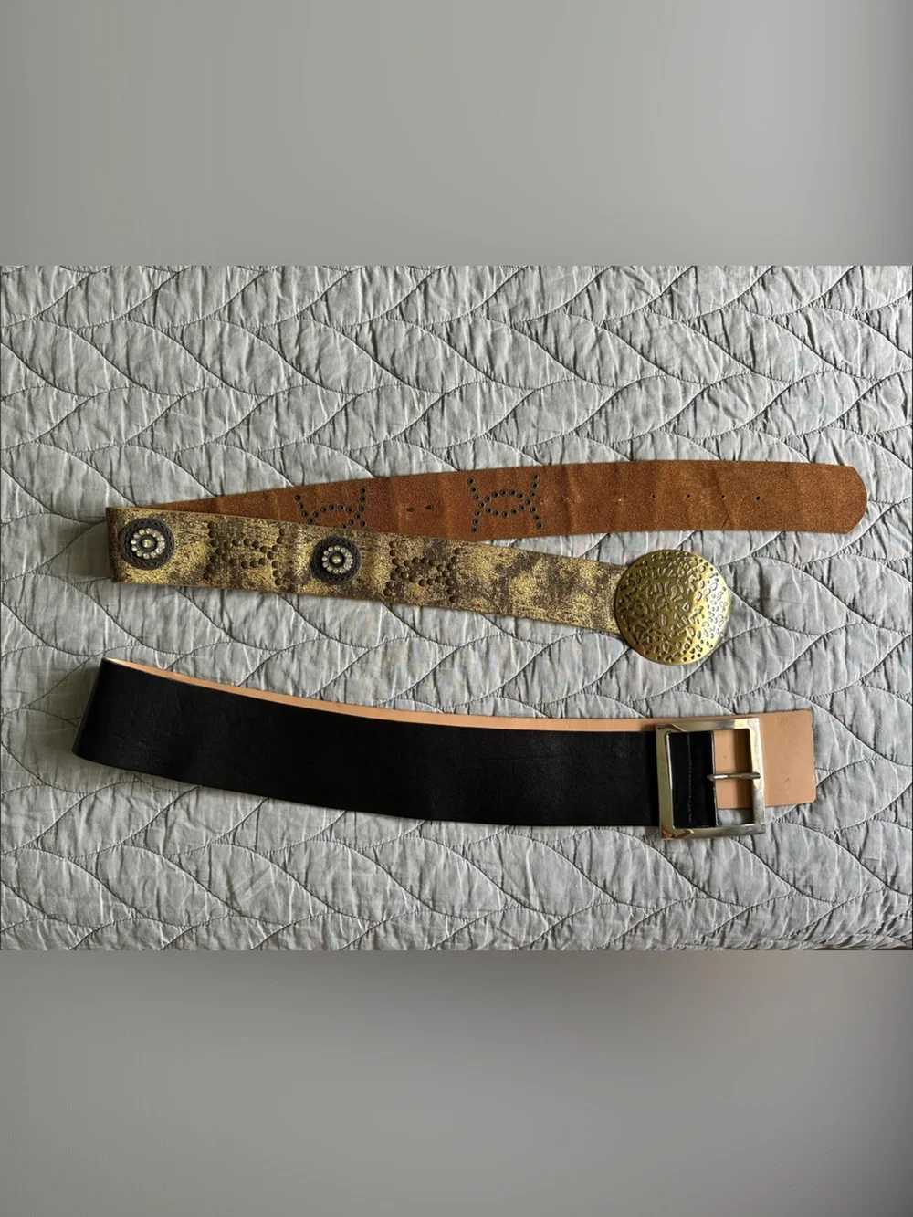Set of Two Wide Fashion Belts - Black, Gold.